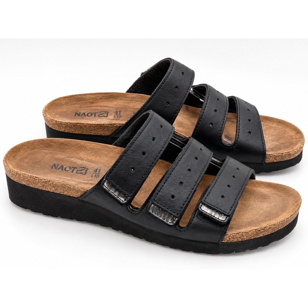 Naot Black Leather 3 Strap Slide Sandals Wedge Cork Footbed Womens 41 L10